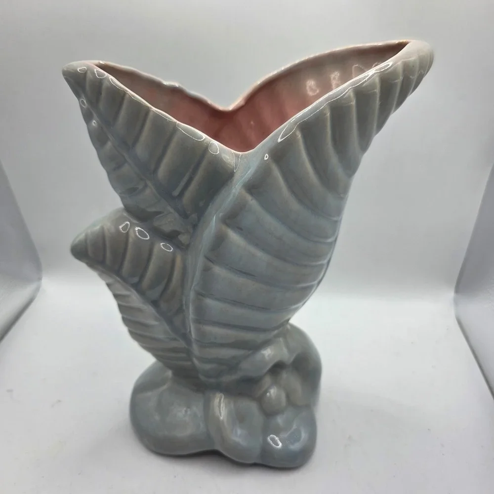 Vintage Gonder Pottery Large Leaf Vase Blue Gray Pink Art Deco MCM USA